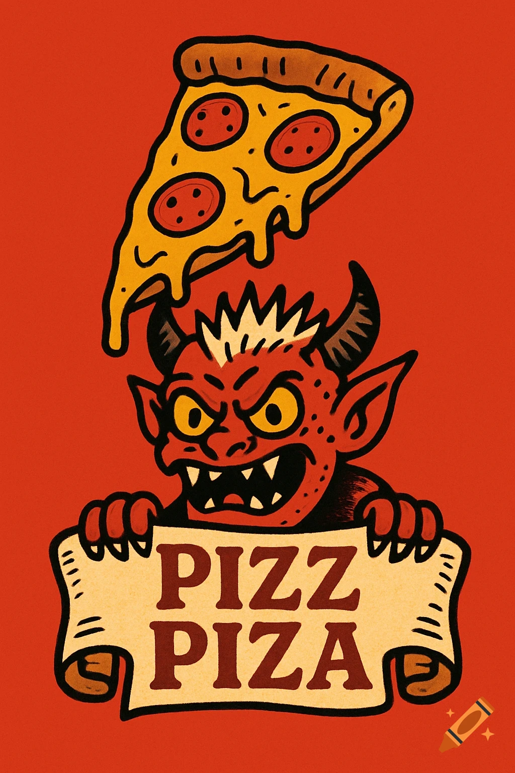 A cartoon devil monster holding a banner with "PIZZ PIZA" text, topped by a pepperoni pizza slice, on a red background.