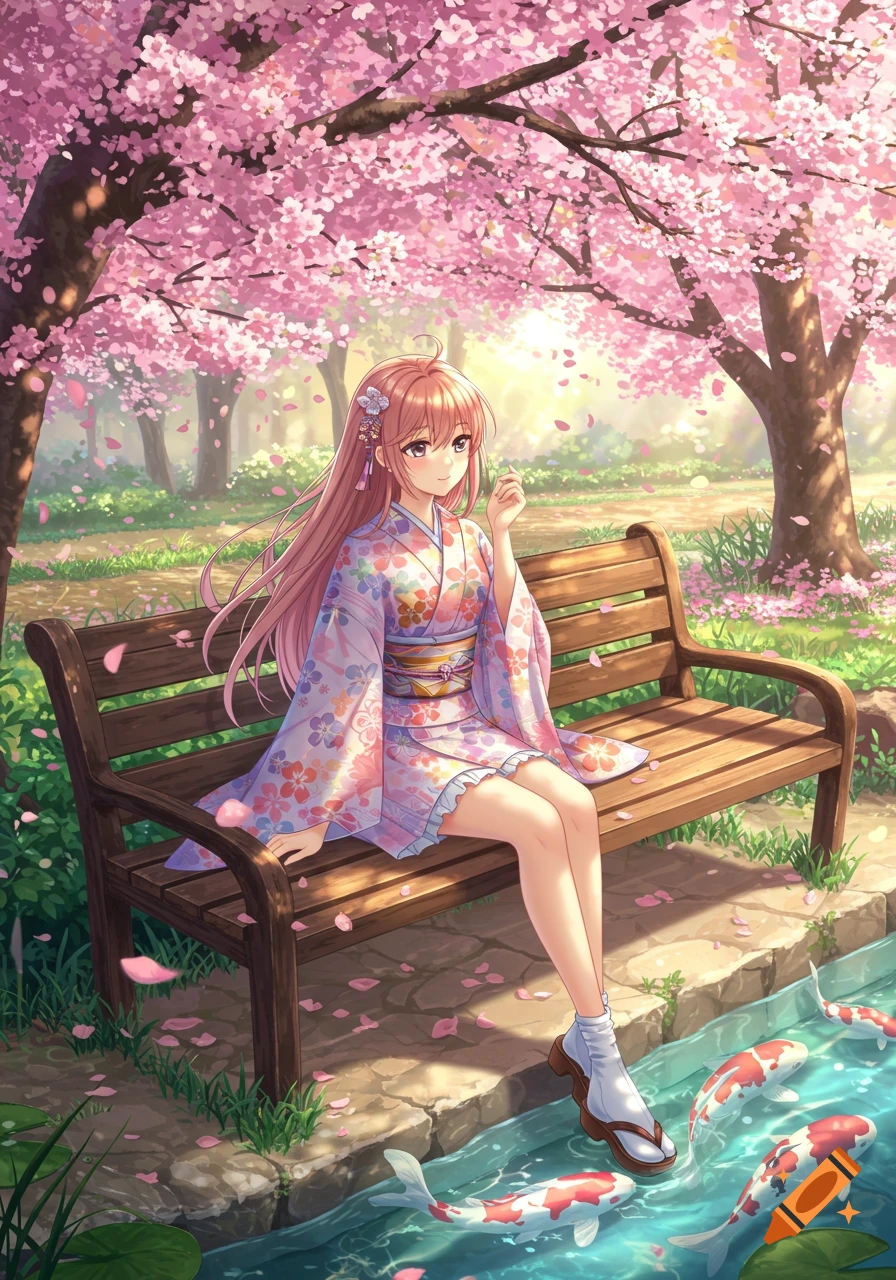 Anime girl in a floral kimono sits on a bench under cherry blossoms by a pond with koi fish.