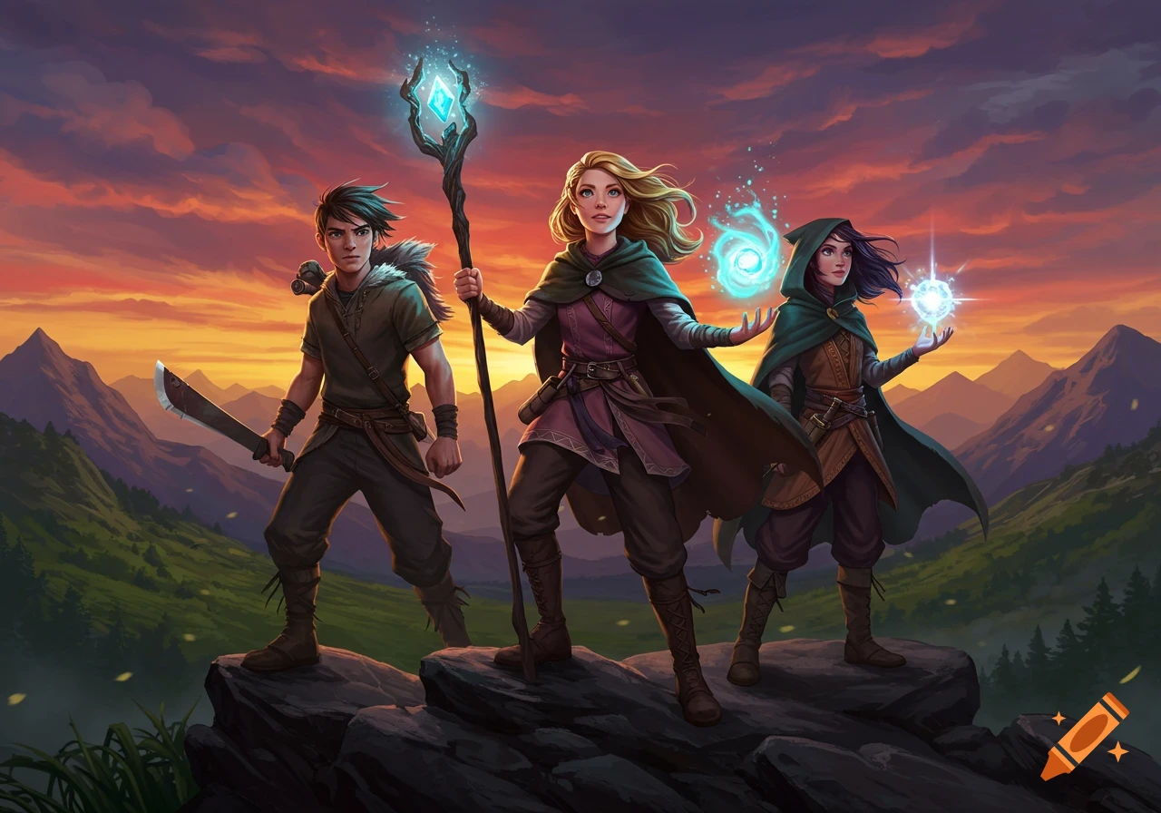 Three fantasy adventurers, a hunter with a machete and two mages with glowing magic, stand on a mountain at sunset.