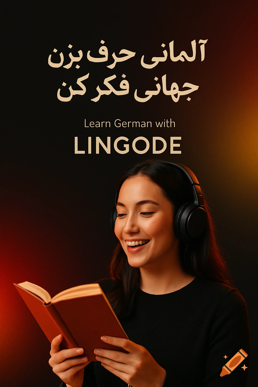 A smiling young woman wearing headphones reads a book, with Farsi and English text for a German language institute on a dark background.