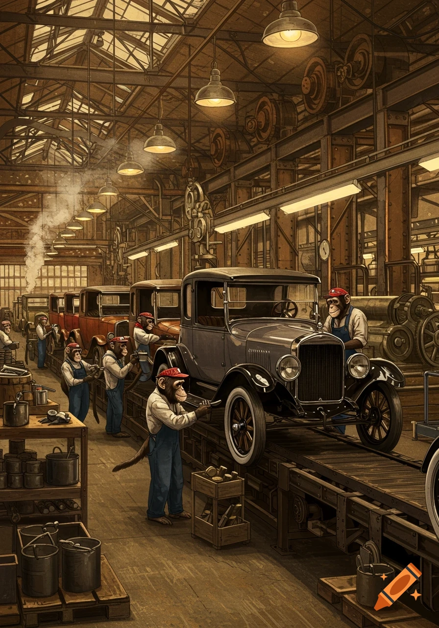 Illustration of monkeys in overalls assembling vintage cars on an assembly line in a sepia-toned factory.