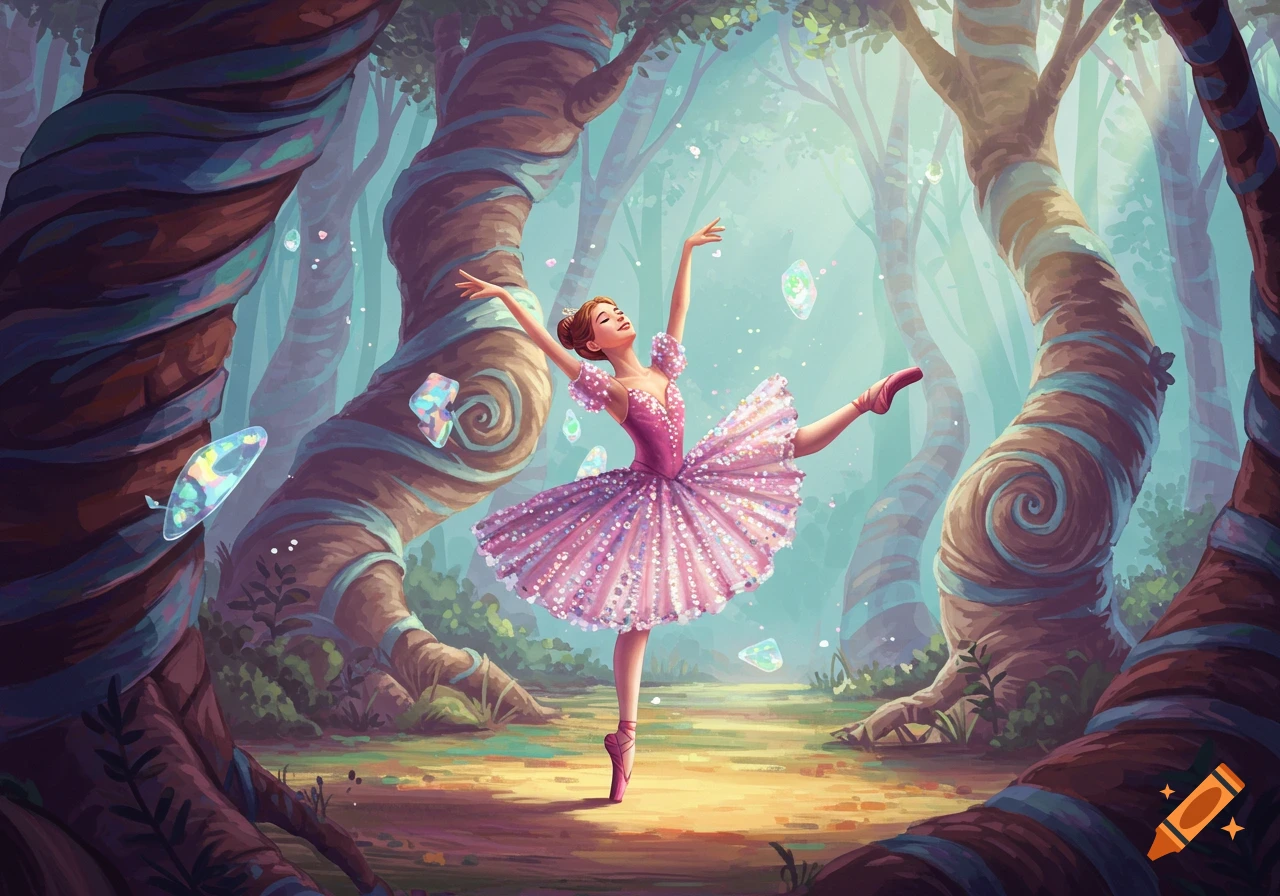 A sparkling ballerina in a pink tutu dances gracefully in a whimsical forest with glowing, twisted trees and floating iridescent crystals.