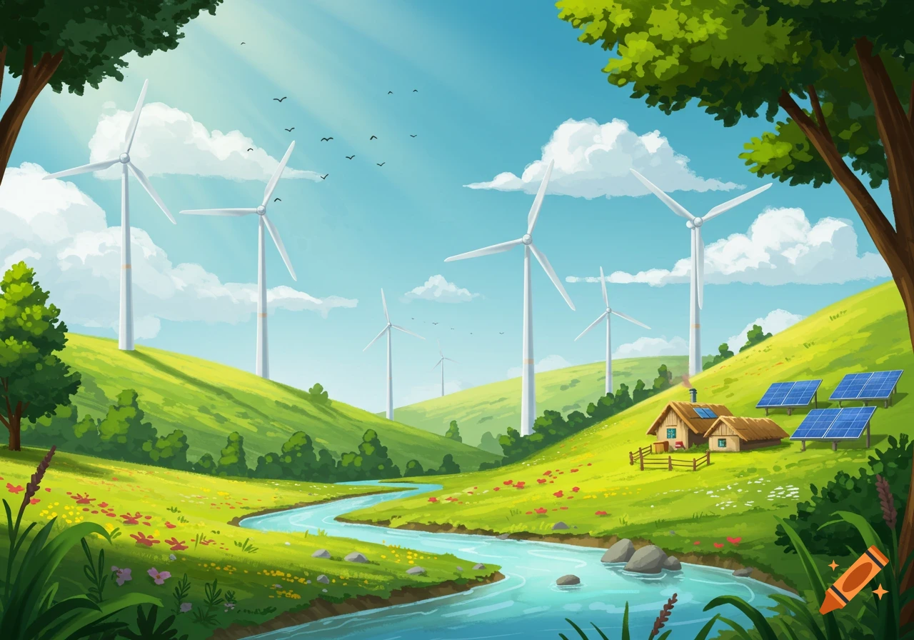 Cartoon illustration of a green landscape with wind turbines, a winding river, a house with solar panels, under a bright blue sky.