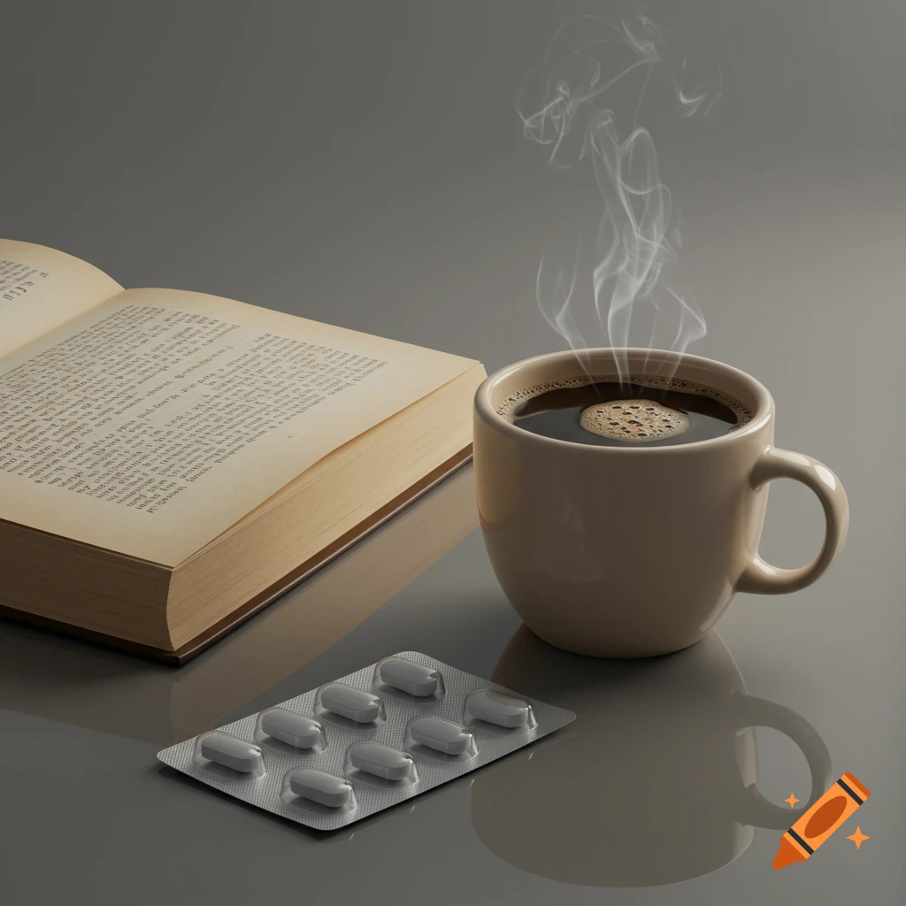 A steaming coffee cup, an open book, and a blister pack of white pills on a reflective gray surface.