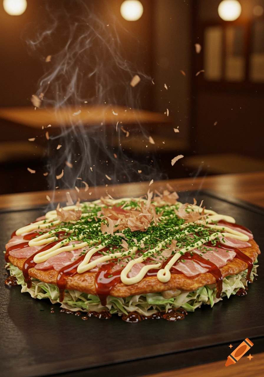 A steaming Okonomiyaki topped with sauce, mayonnaise, green herbs, and falling bonito flakes on a dark griddle, photorealistic.