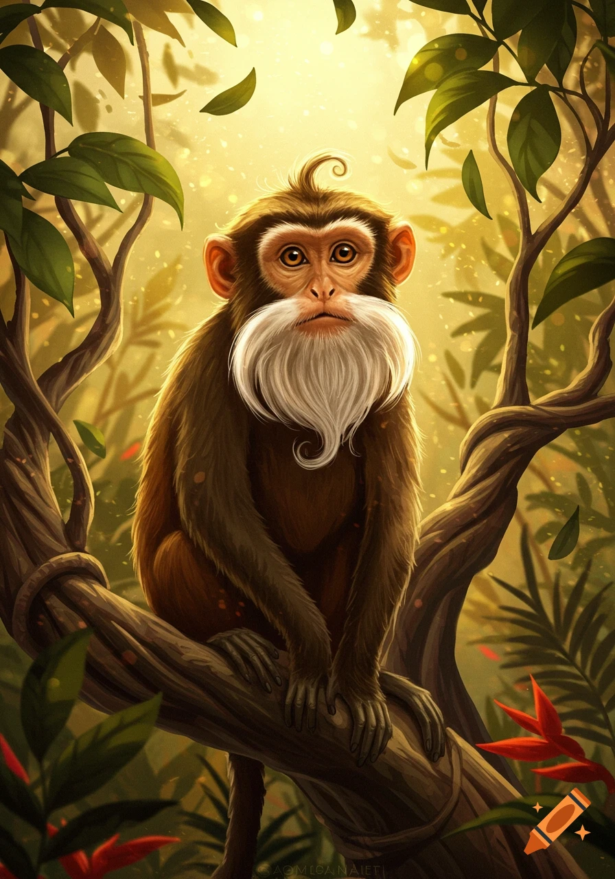 An illustrated whimsical monkey with a long white beard sits on a tree branch in a lush, sunlit jungle.