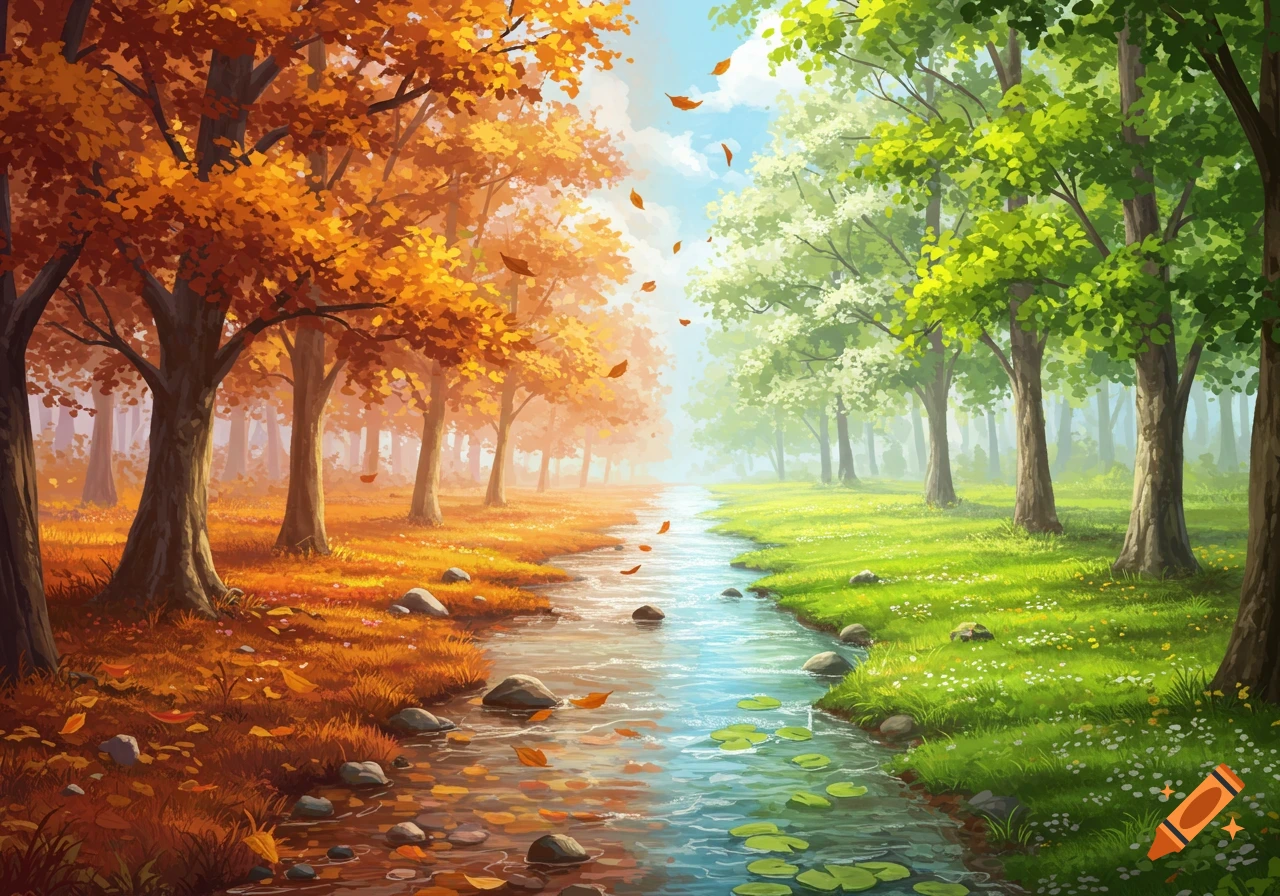 A vibrant digital painting of a forest divided by a stream, with autumn trees on the left and spring trees on the right.