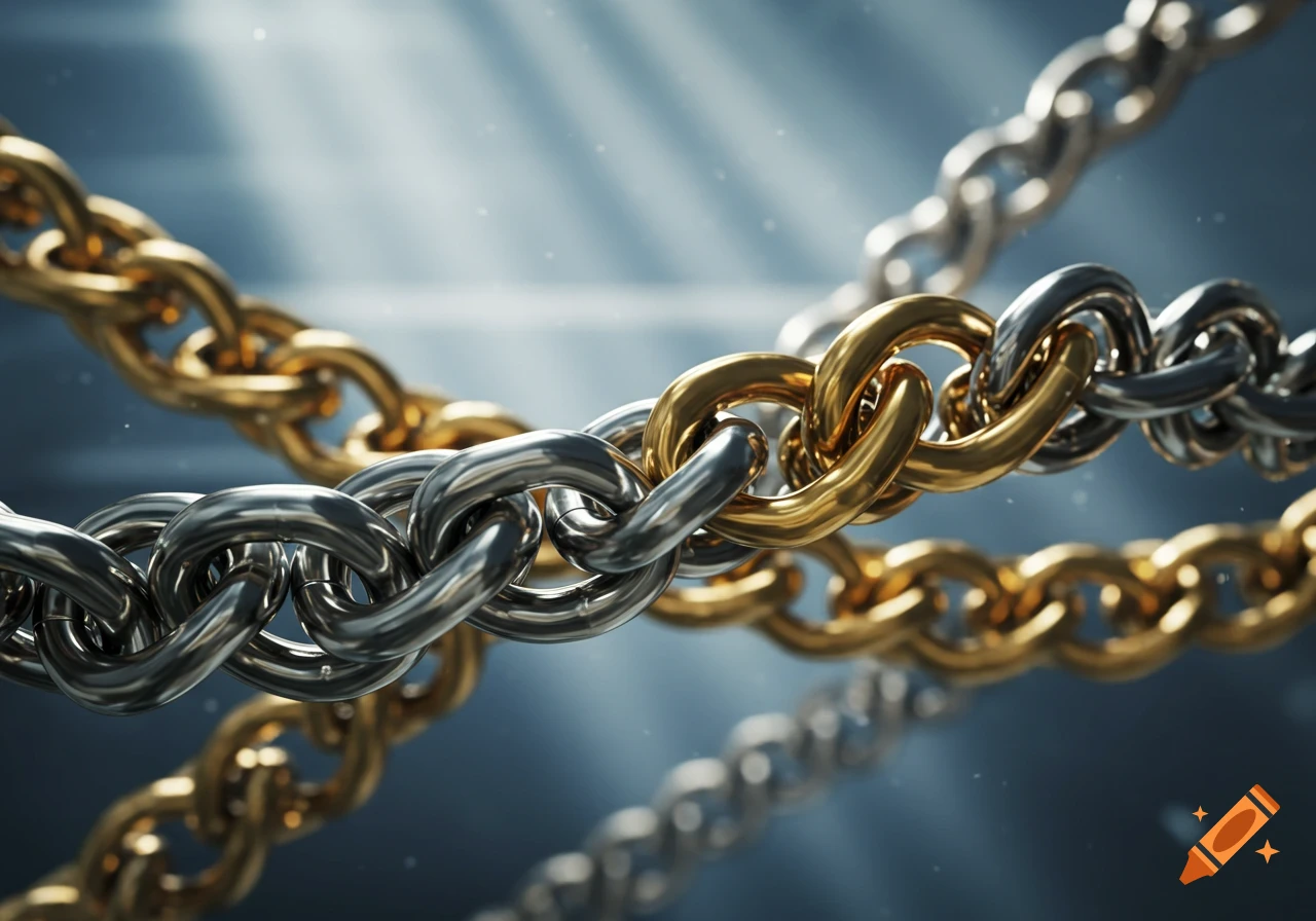 Close-up of intertwining gold and silver metal chains with reflections and a blurry background.