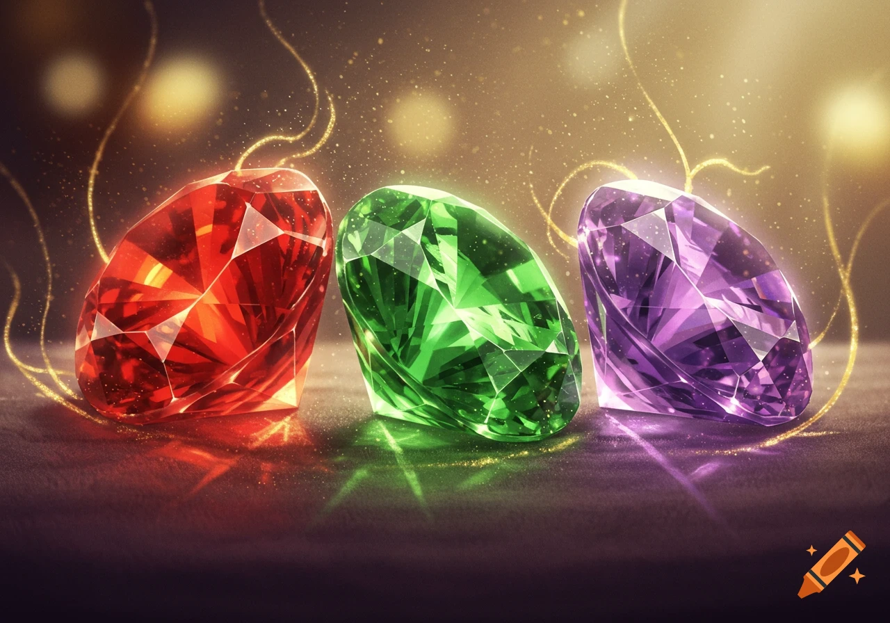 Three brilliant, faceted gems in red, green, and purple glow with magical light on a dark surface.