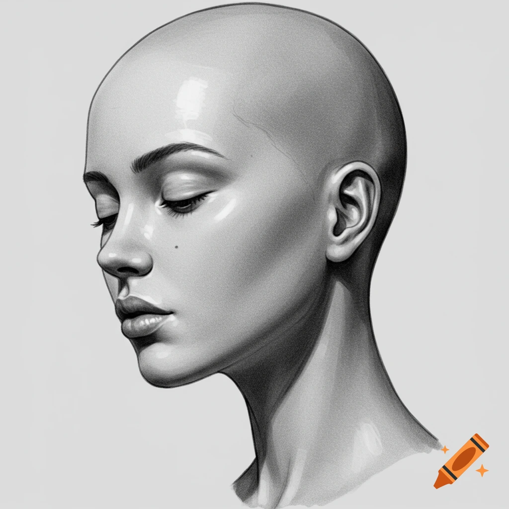 Pencil sketch of a young bald woman's head in profile, looking down, in black and white.