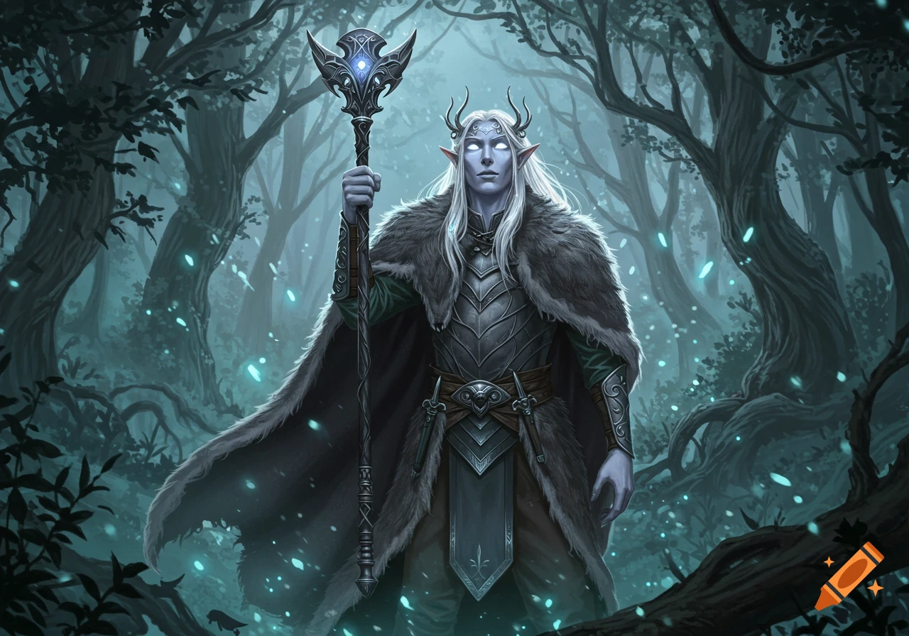 A silver-skinned, white-haired elf with small horns holds a glowing staff in a mystical, dark forest with turquoise glowing elements. Fantasy art.