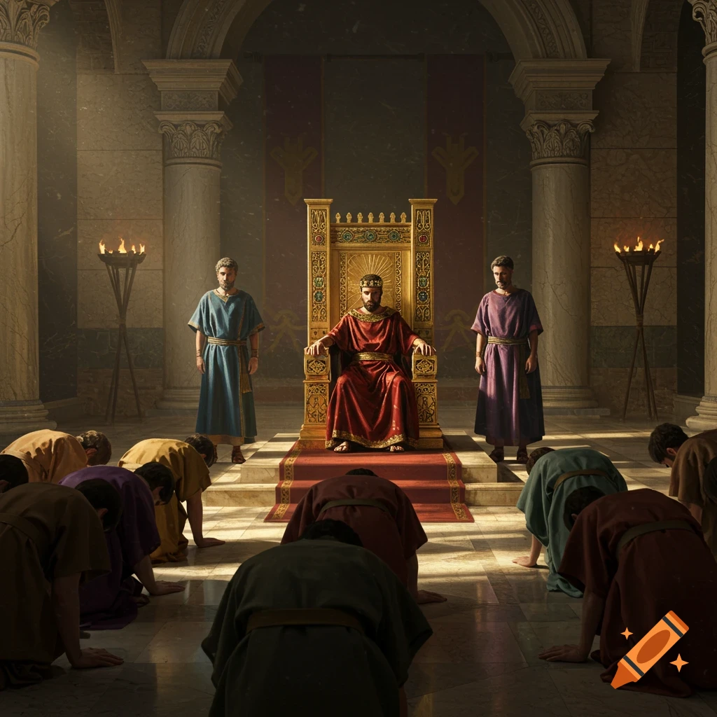 A king in red robes and a crown sits on an ornate golden throne in a grand hall, surrounded by bowing subjects and two standing courtiers.