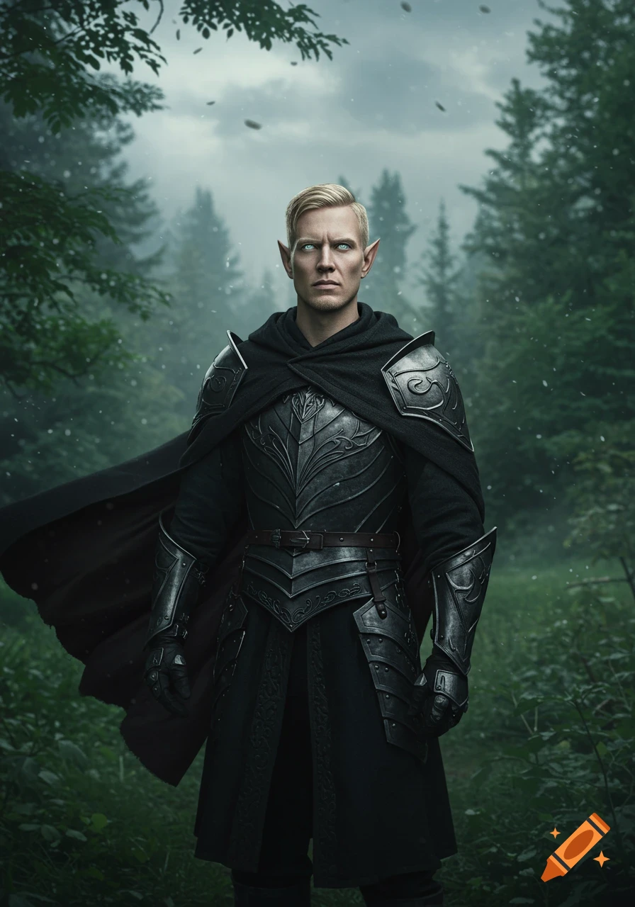 A male blonde elf warrior in dark armor and a black cloak stands in a misty, snowy forest, looking forward with glowing blue eyes.