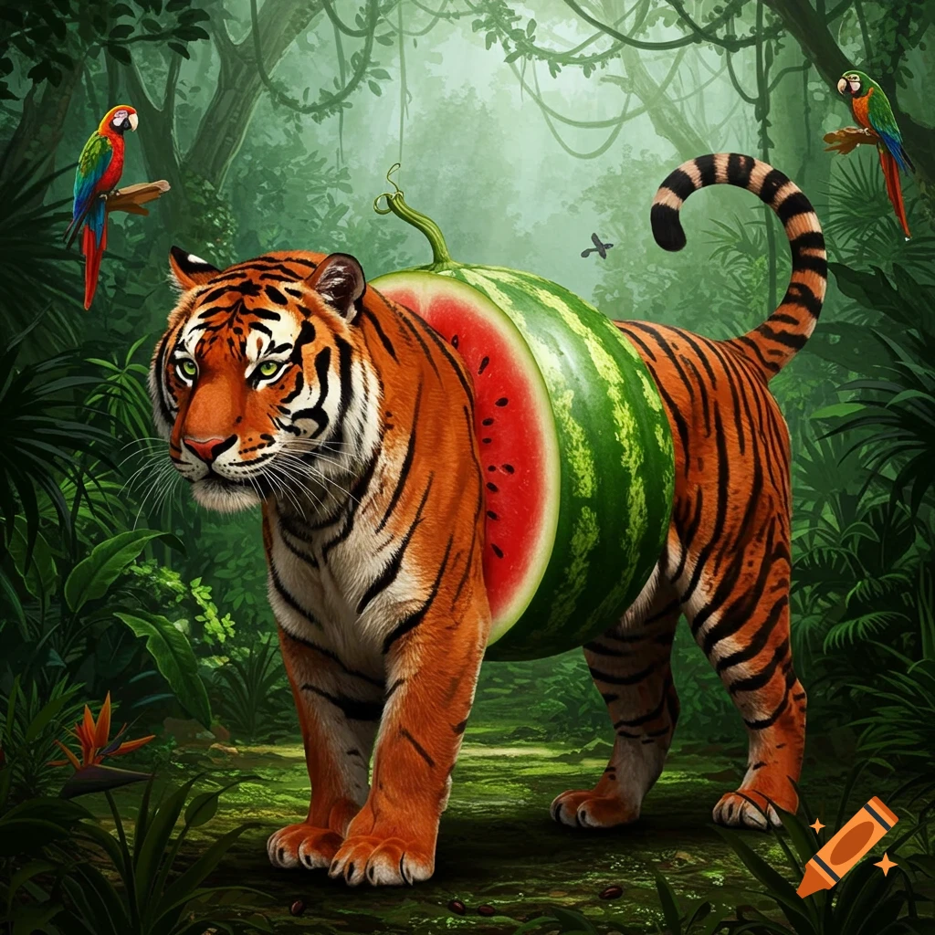 A tiger with a watermelon body stands in a lush green jungle, with parrots perched on branches.