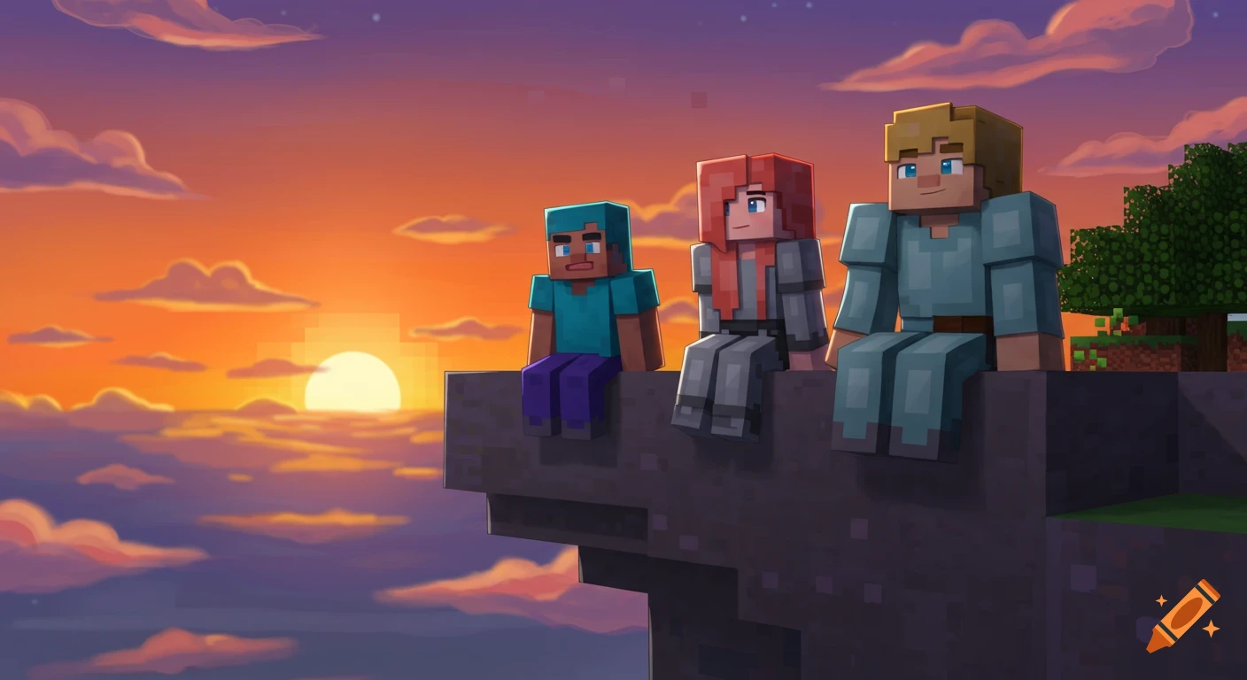 Three Minecraft-style block characters sit on a cliff edge, silhouetted against a vibrant orange and purple sunset with clouds.
