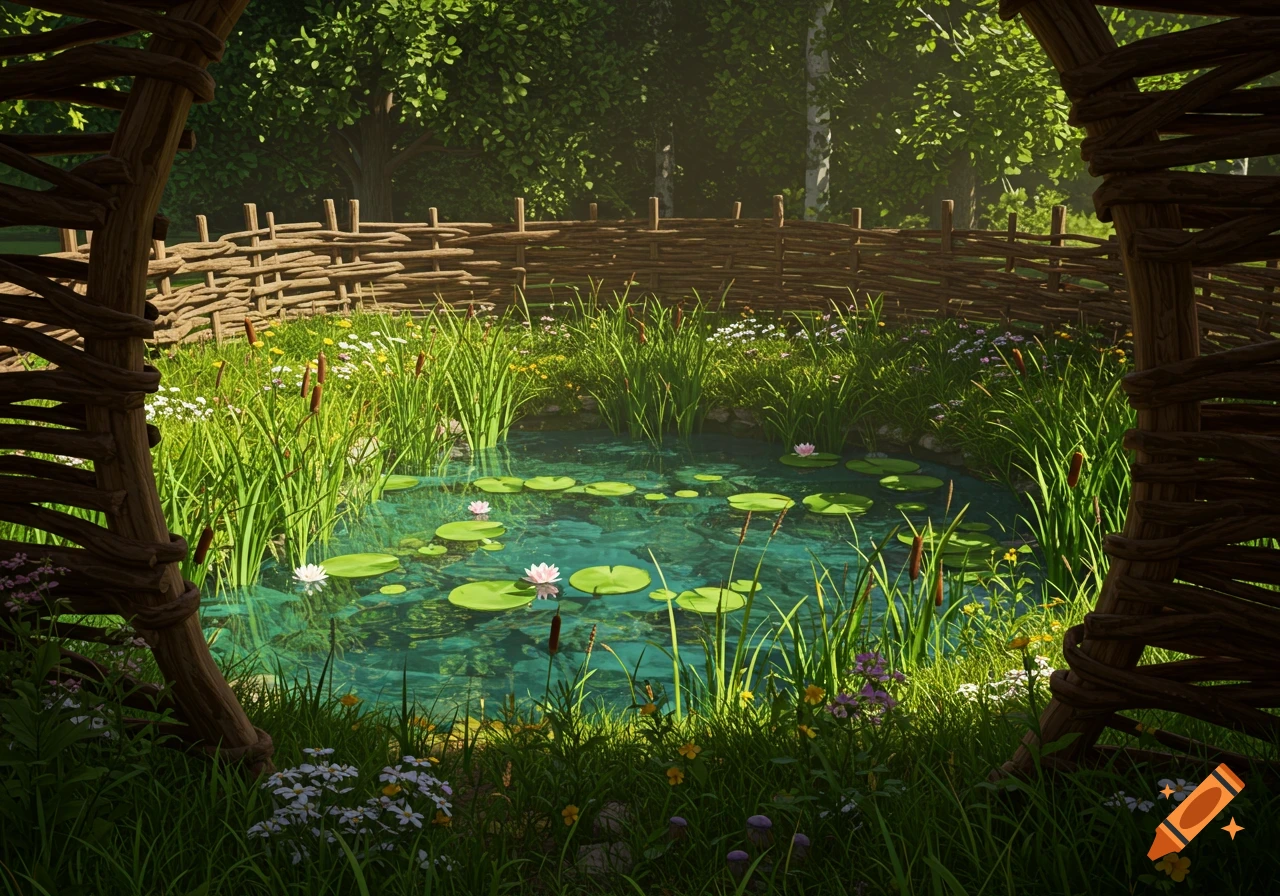 A serene pond with lily pads and flowers, surrounded by lush green reeds and a rustic woven fence, under dappled sunlight.