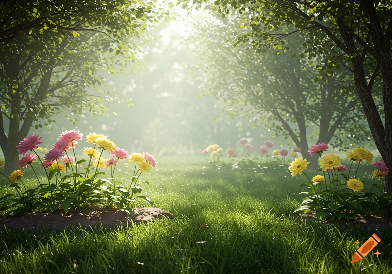 A vibrant garden scene with pink and yellow flowers in the foreground, lush green grass, and sunlit trees in the background.