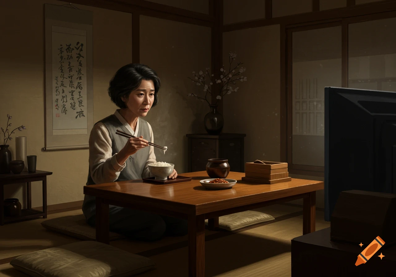 A middle-aged Korean woman in traditional attire eats dinner with chopsticks at a low table, watching TV in a dimly lit, traditional Korean home.