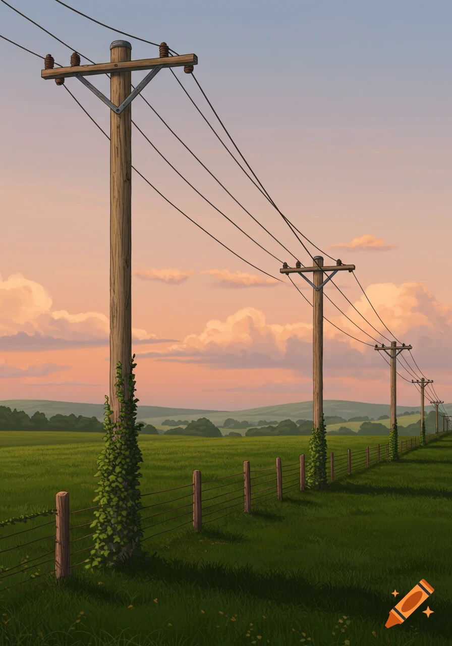 A stylized illustration of power poles and wires stretching across a green field at sunset or sunrise.
