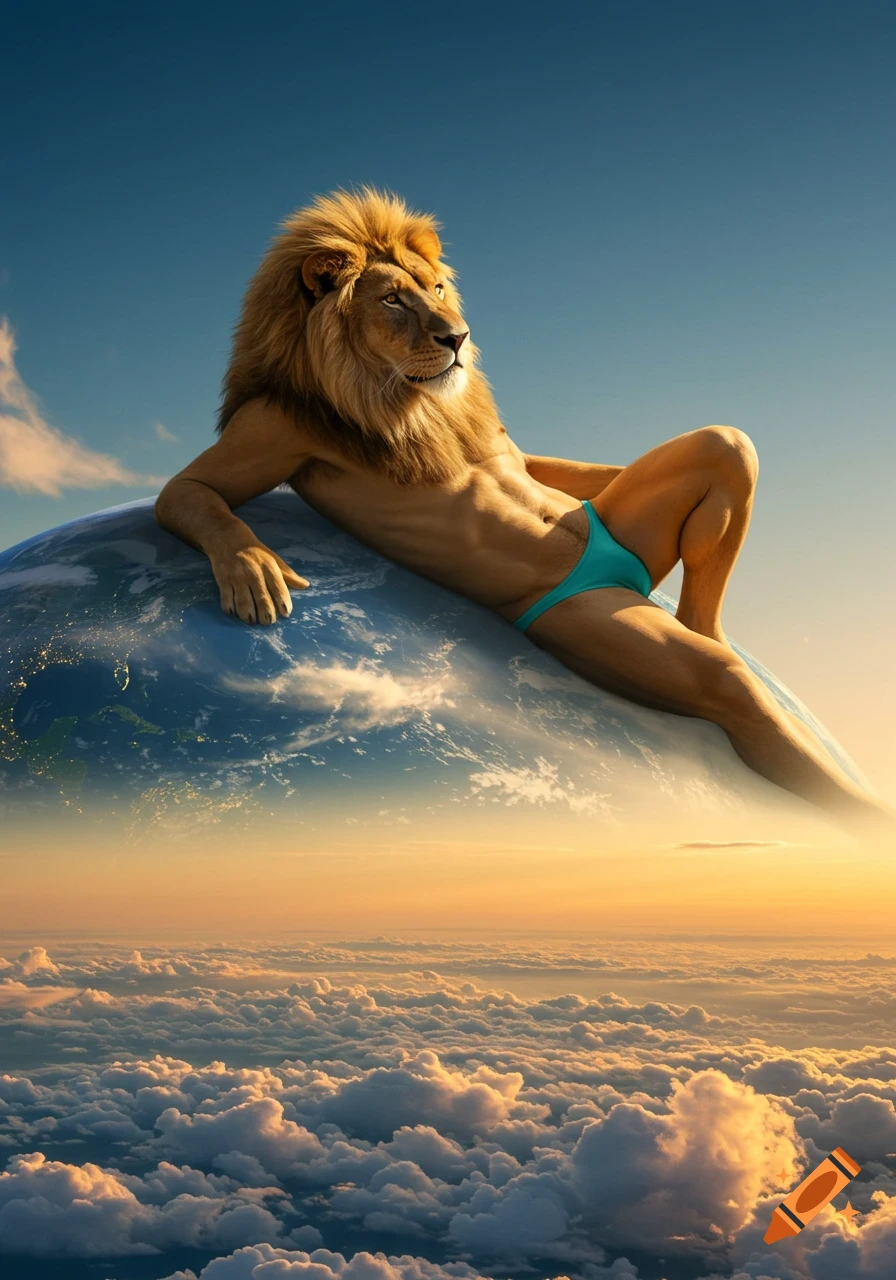A gigantic photorealistic anthropomorphic lion in a speedo reclines on Earth, looking at a cloud-filled sunset sky.