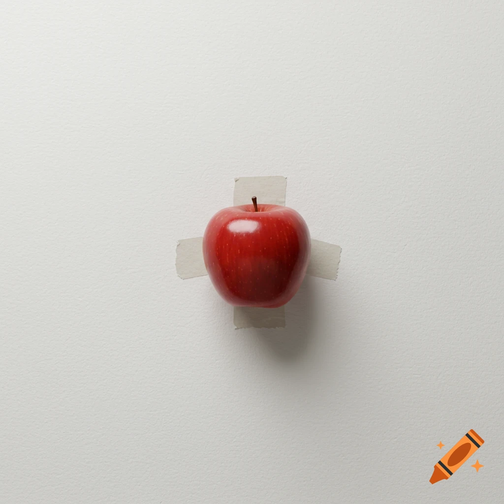 A shiny red apple is taped to a textured white wall, creating a minimalist still life image.