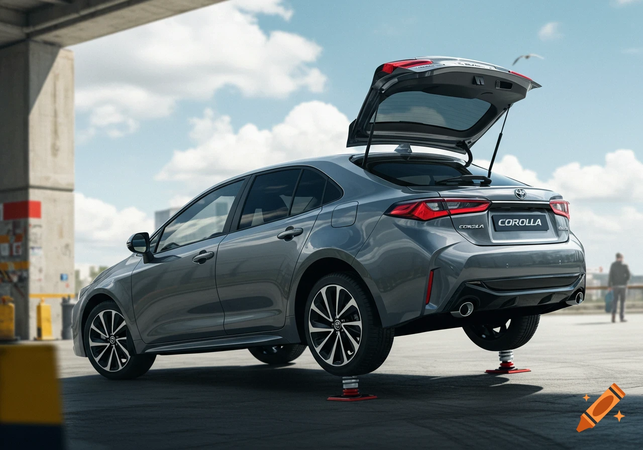 A gray Toyota Corolla sedan is elevated on red car jacks, with its trunk lid open, parked on an asphalt surface under a partly cloudy sky.