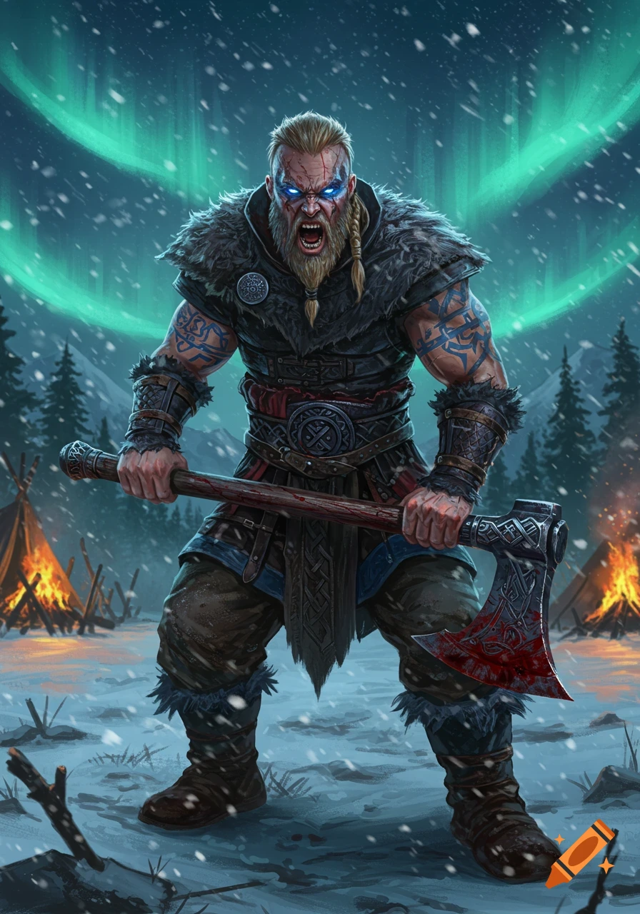 Fierce Viking berserker with glowing blue eyes, holding a blood-stained axe in a snowy camp under the aurora borealis.