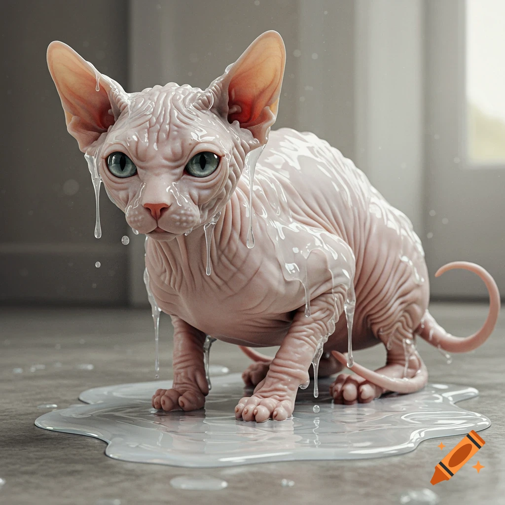 A photorealistic Sphynx cat covered in white translucent goo, sitting in a puddle on a tiled floor.