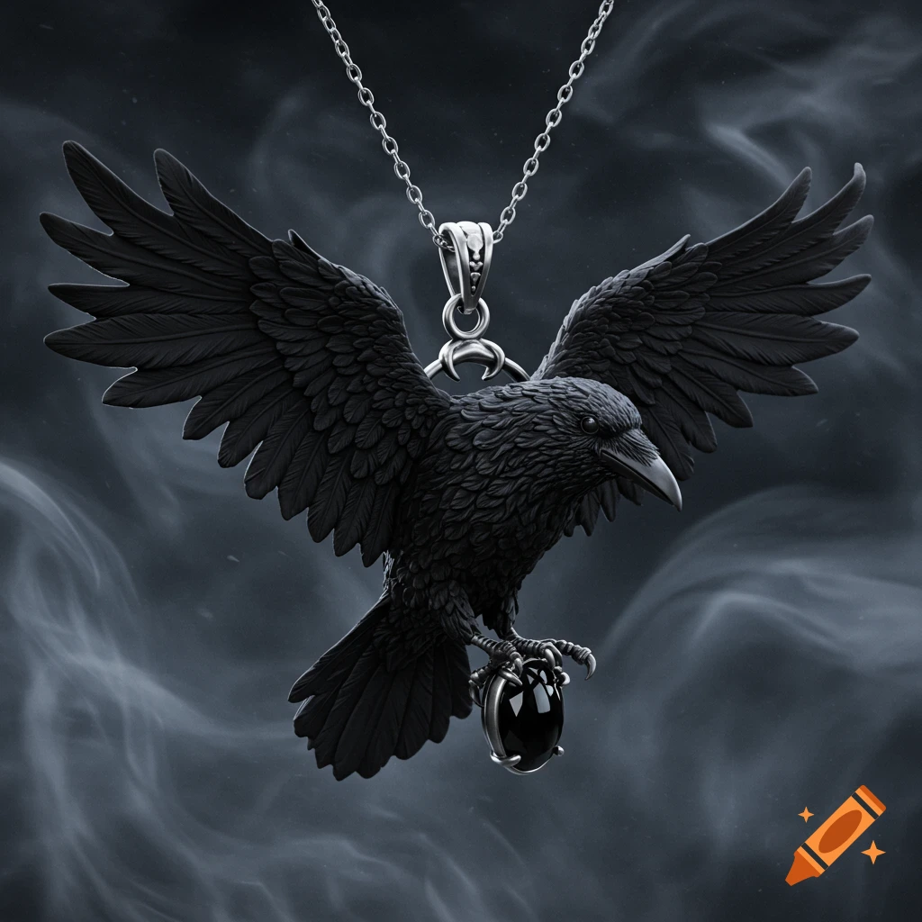 A black raven pendant with outstretched wings holding a dark gem, hanging from a silver chain against a smoky background.