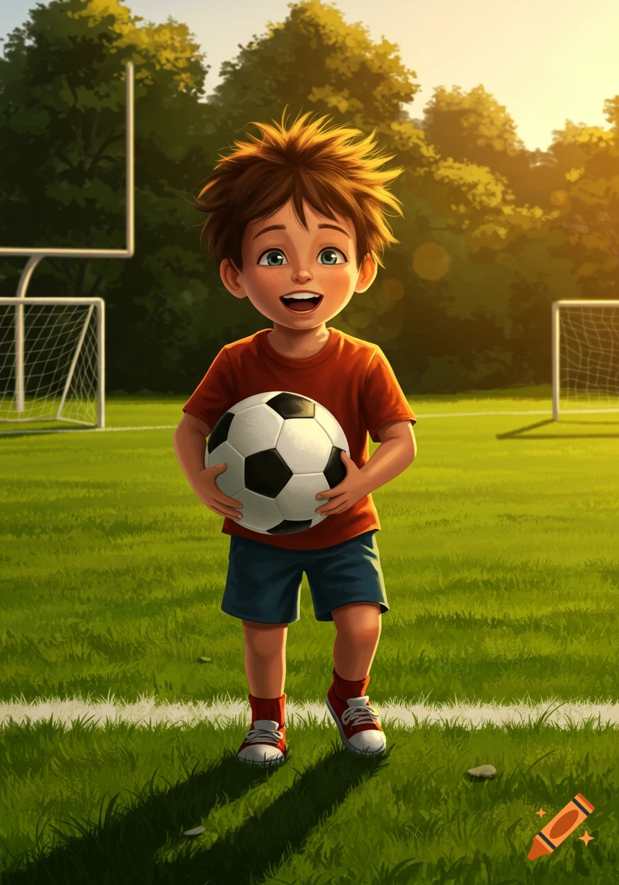 A happy cartoon boy holding a soccer ball on a green field with goalposts in the background.