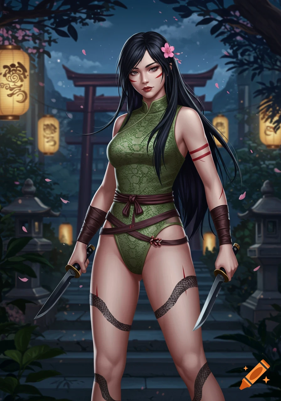 A beautiful Japanese-looking girl in a green warrior outfit holds two daggers, standing in a moonlit temple garden with lanterns and a torii gate.
