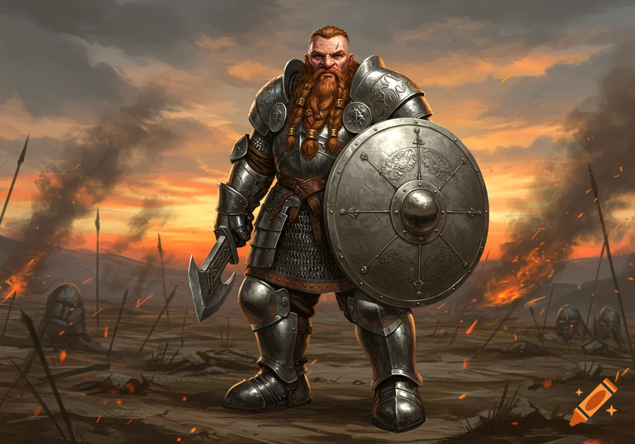 A heavily armored dwarf warrior with a braided red beard holds an axe and shield on a smoky, burning battlefield at sunset.