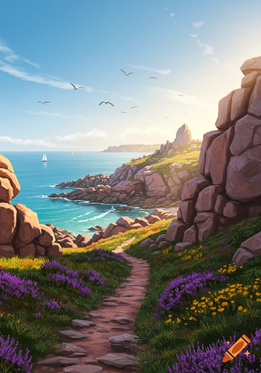 Sunny coastal illustration with a path winding through purple and yellow wildflowers towards a blue ocean, rocky cliffs, and sailboats.