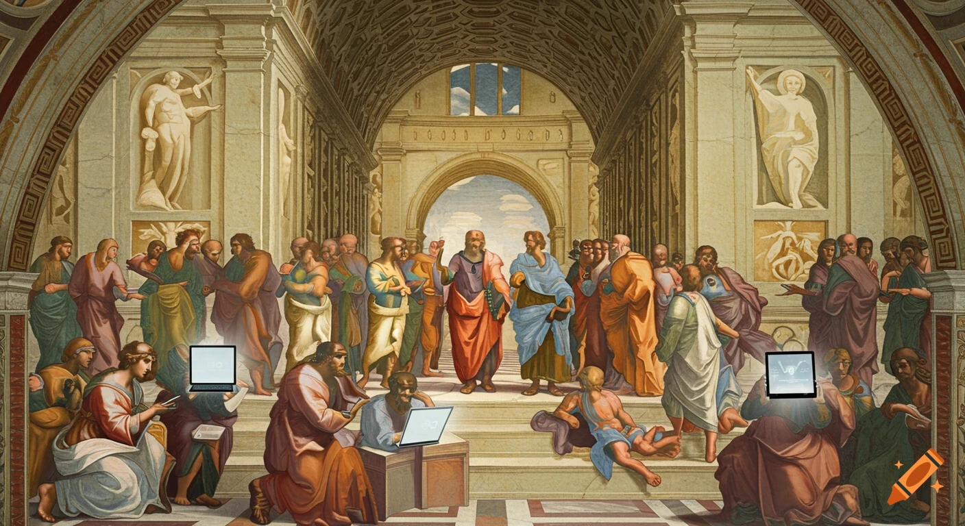 A parody of Raphael's 'The School of Athens' with ancient philosophers using laptops, tablets, and phones.