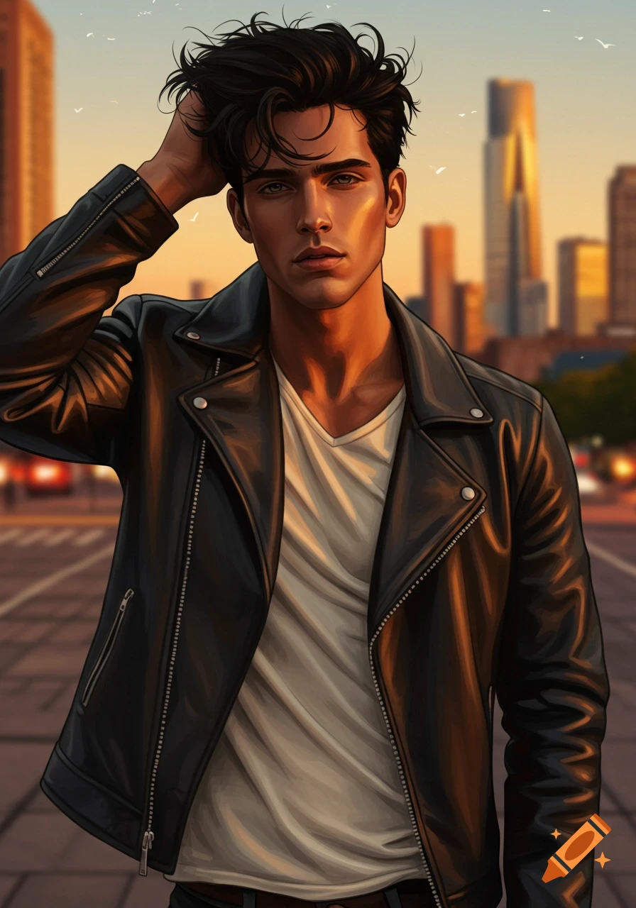 A stylized illustration of a handsome man with dark, messy hair in a leather jacket, standing on a city street at sunset.