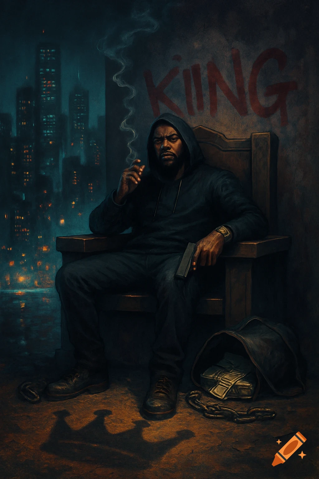 A gritty, painterly image of a man in a hoodie sitting on a throne, smoking, holding a pistol. The background shows a dark city skyline and "KIING" graffiti on a wall, with a crown shadow on the ground.