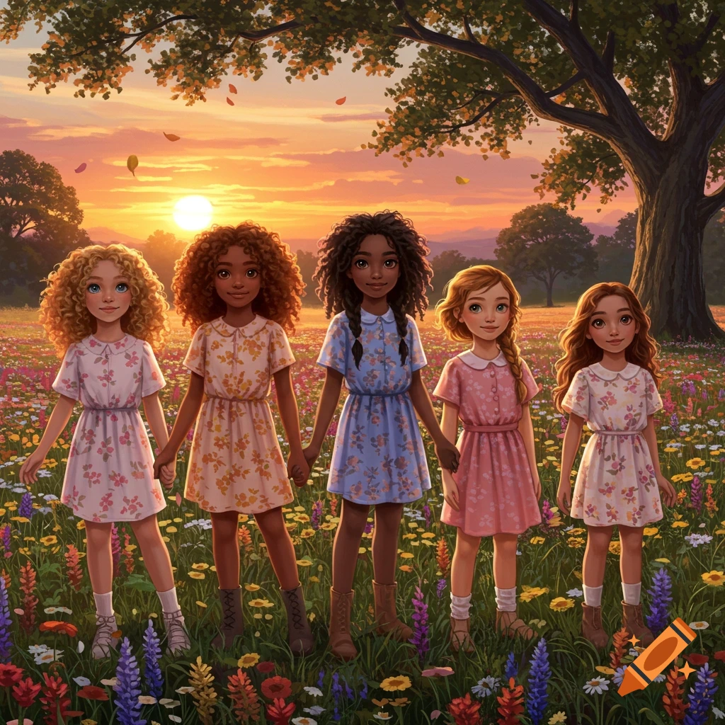 Five diverse young girls in floral dresses hold hands in a field of colorful wildflowers at sunset, under a large tree.