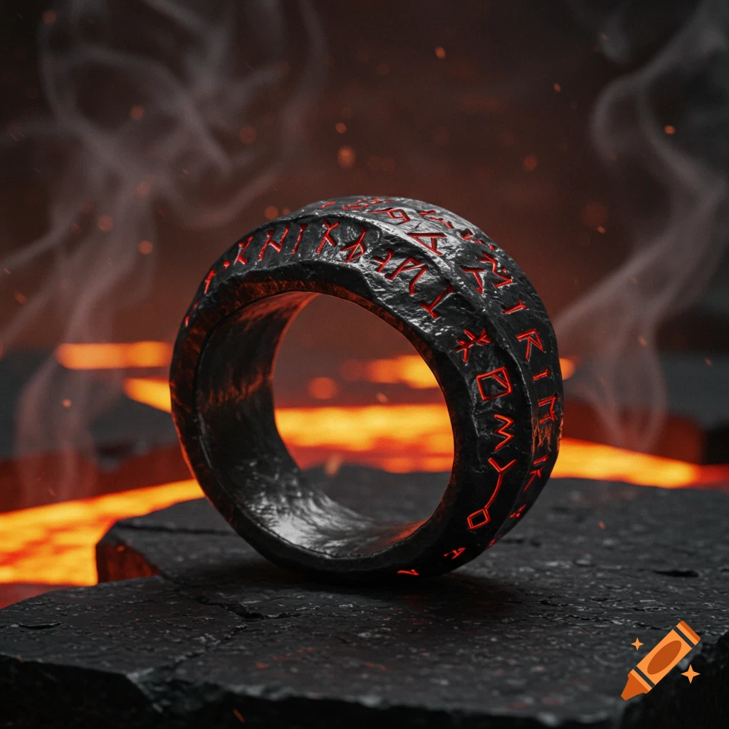 A dark, textured iron ring with glowing red runes rests on rough black rocks, with molten lava and smoke in the background.