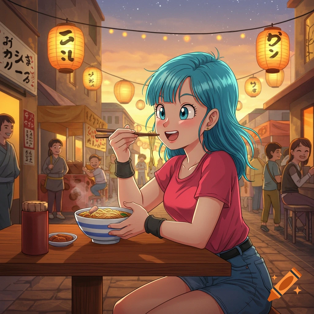An anime girl with blue hair eats ramen with chopsticks at a wooden table in a vibrant Japanese street market at dusk.