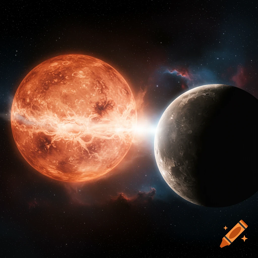 A glowing red planet and a dark, cratered moon are closely aligned in space, with a bright light between them and a colorful nebula.