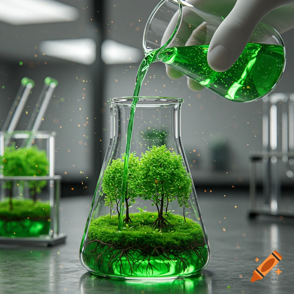A gloved hand pours glowing green liquid into a flask containing miniature trees, moss, and visible roots, in a science lab.
