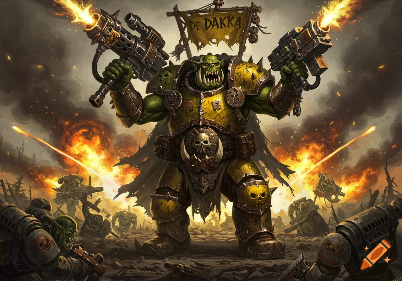 A hulking Warhammer 40k Ork warrior in yellow and green armor, firing two large guns amidst a fiery battlefield.