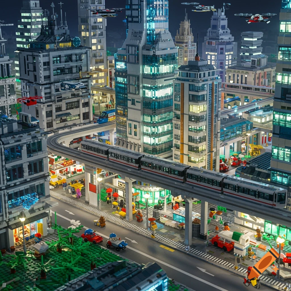 A detailed night view of a sprawling Lego city with illuminated buildings, elevated trains, roads, and flying vehicles.
