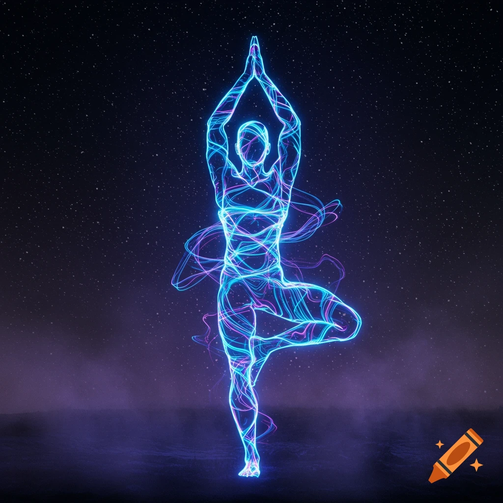 A glowing blue and purple energy figure in a yoga tree pose against a dark starry sky.