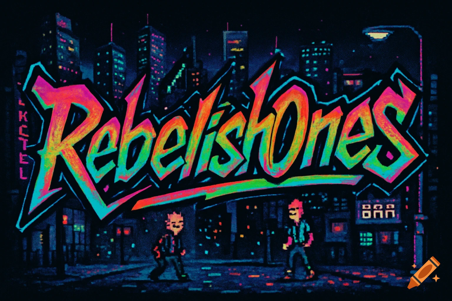 Vibrant pixel art word art 'RebelishOnes' in a neon cityscape with two stylized figures.