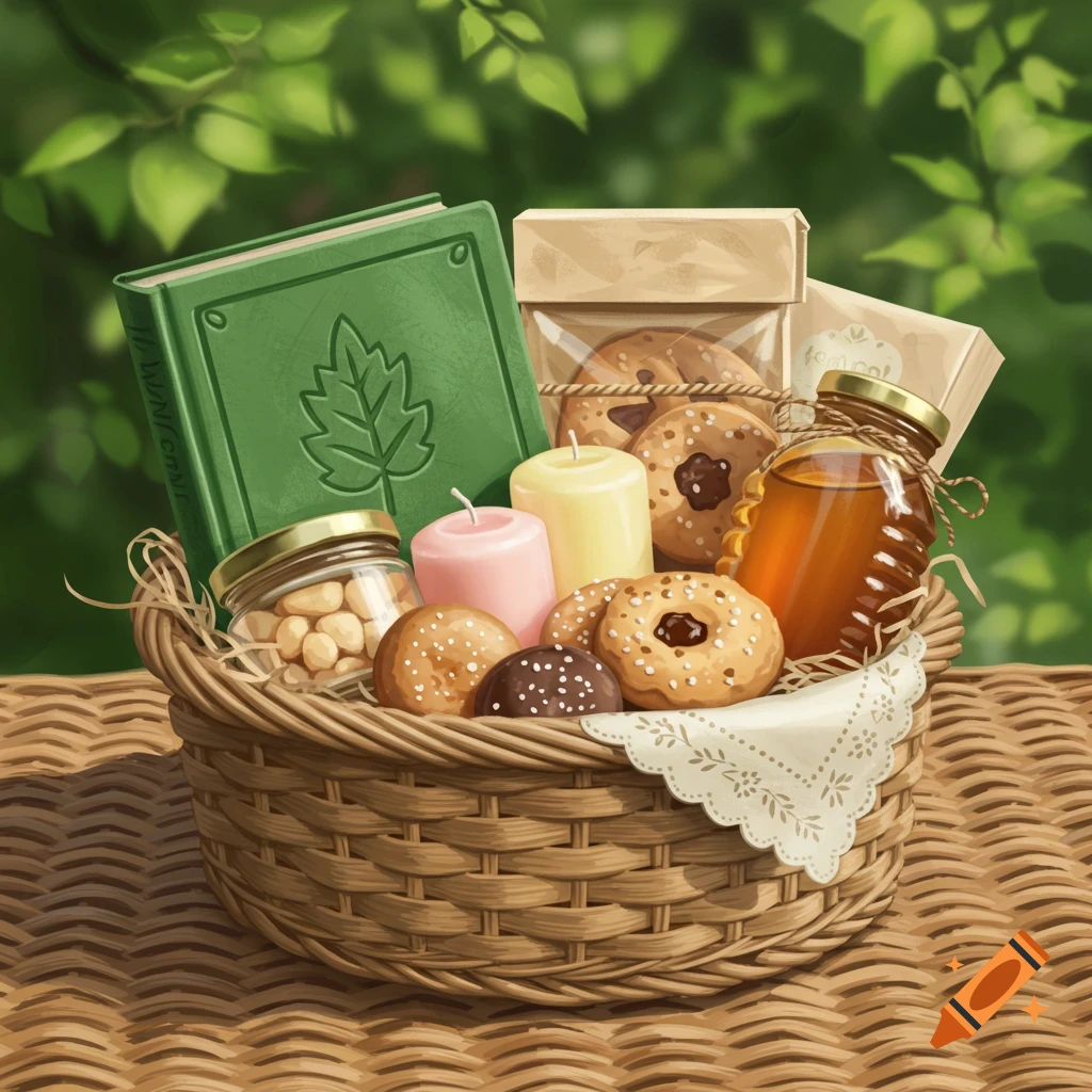 A gift basket on a woven surface holds a green book, candles, cookies, a jar of nuts, and a honey bottle, against green leaves.