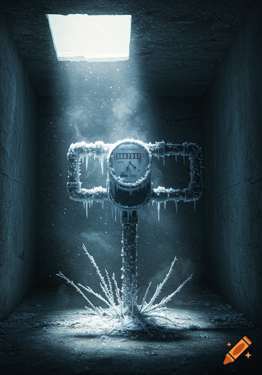 A frozen water meter covered in ice and icicles stands in a dark, cold room, illuminated by a beam of light from a square opening above.