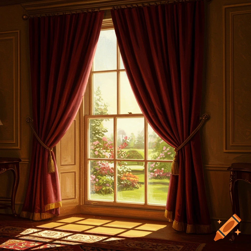 Sunlight streams through a grand window with red velvet curtains, revealing a lush garden and casting shadows on a patterned rug.
