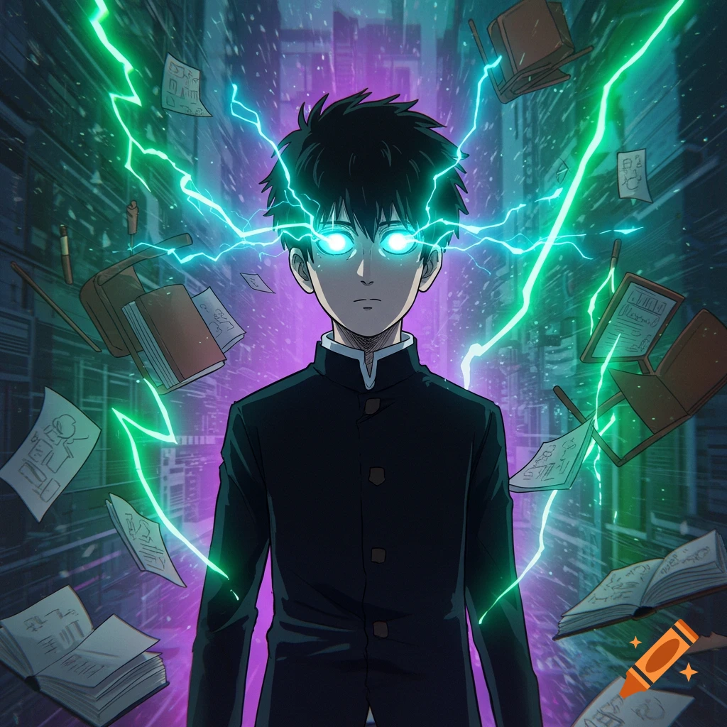 Anime boy with glowing eyes and green lightning, surrounded by floating books and papers, against a dark, futuristic cityscape.