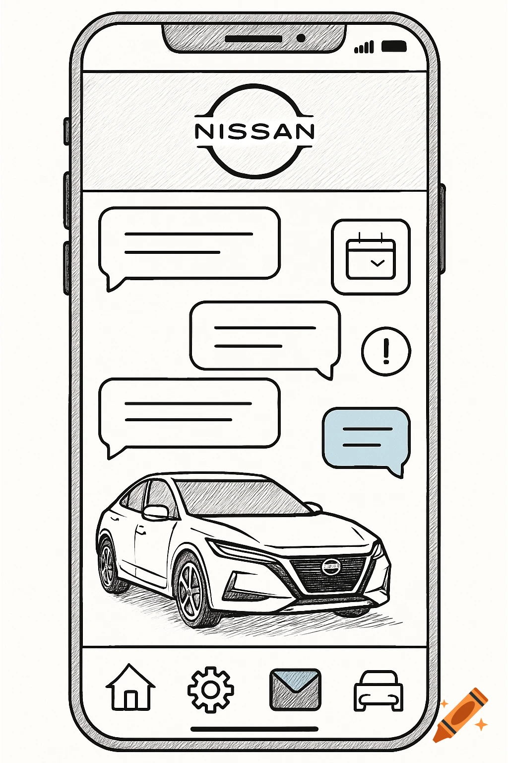 Line drawing illustration of a smartphone screen displaying a Nissan car, chat interface, and app icons.